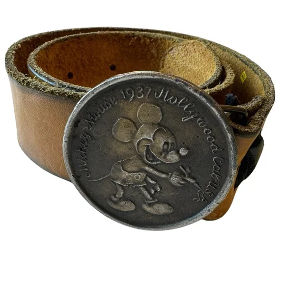 Vintage Mickey Mouse Disneyland Brass Tone Belt Buckle & Belt RARE - Picture 1 of 12